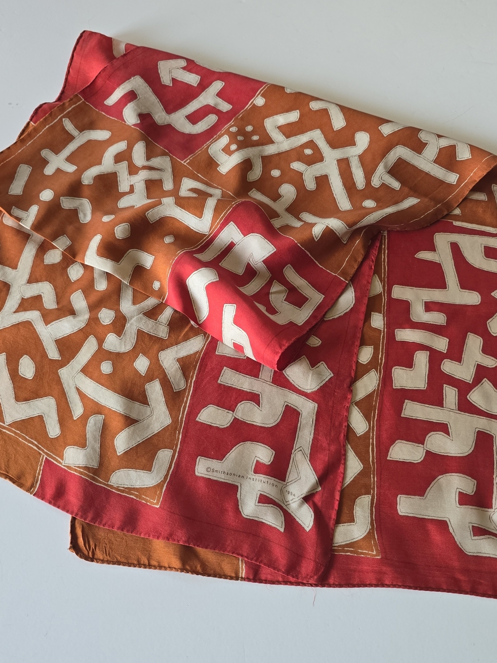 Smithsonian Institution 1994 Rust and Red Abstract Silk Scarf